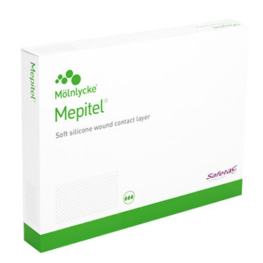 Packaging for Molnlycke Mepitel Soft Silicone Wound Contact Layer, featuring green and white design with product name.