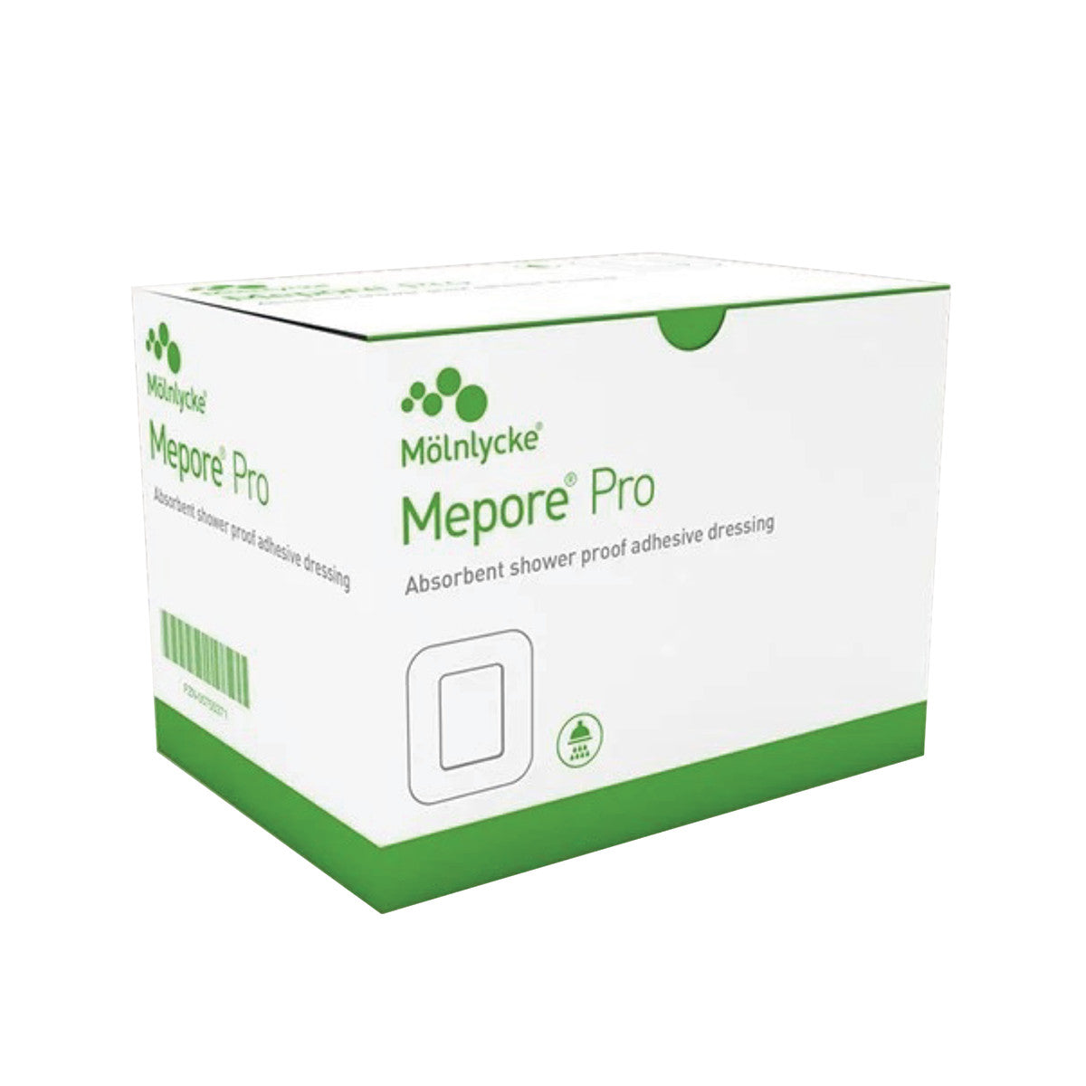 Box of Molnlycke Mepore Pro Dressing, labeled as absorbent and shower-proof adhesive dressing, with green and white design.