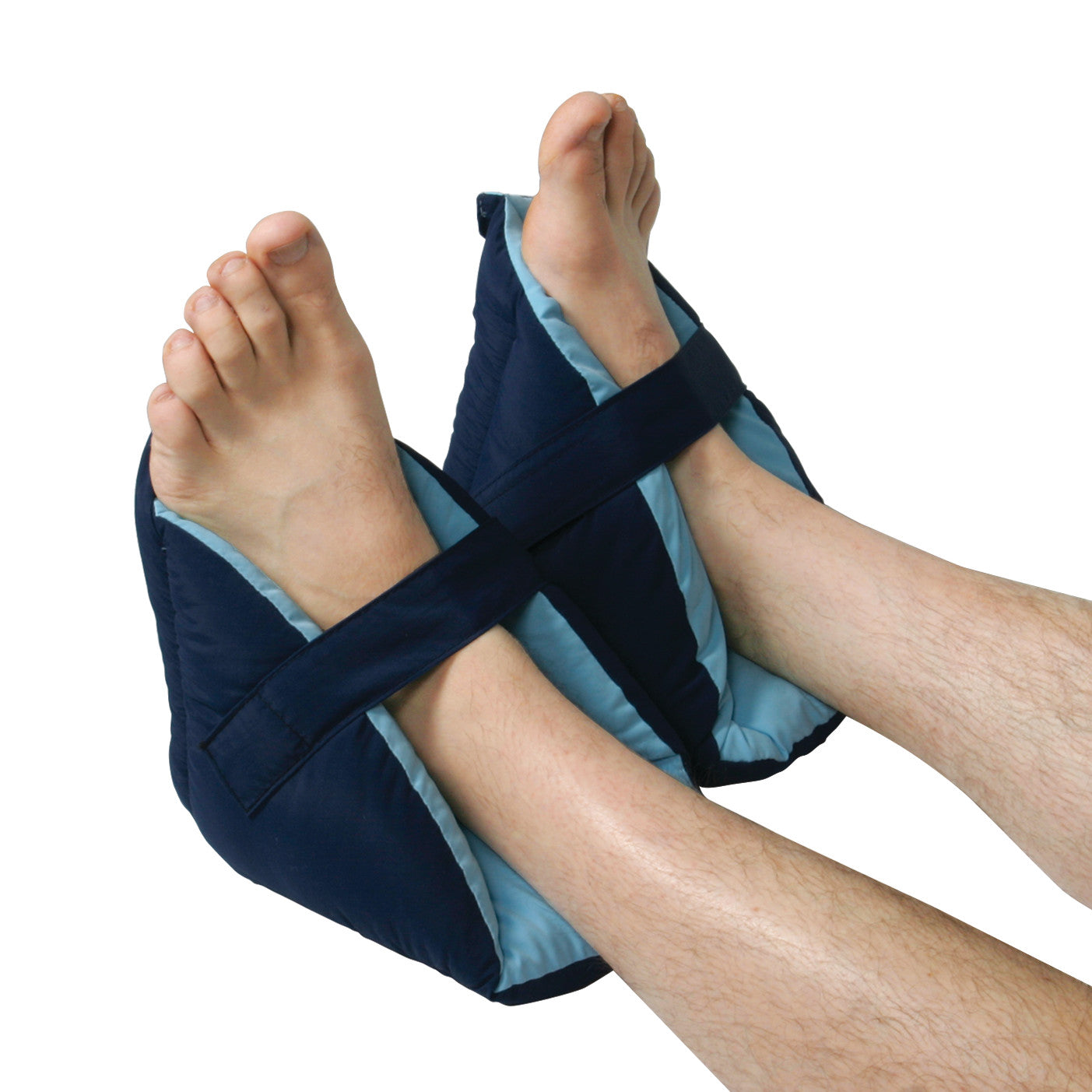 A pair of feet wearing AliMed FootPillow cushions, featuring blue straps for secure fastening and soft padding.