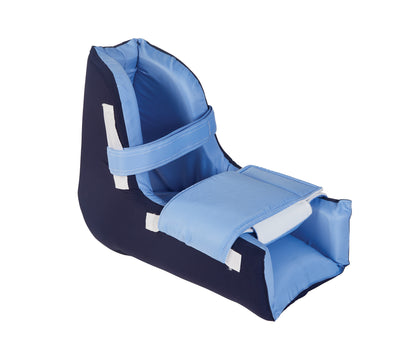 AliMed Heel-Up Foot Positioner, featuring a black and blue design with a supportive foot strap and padded interior.