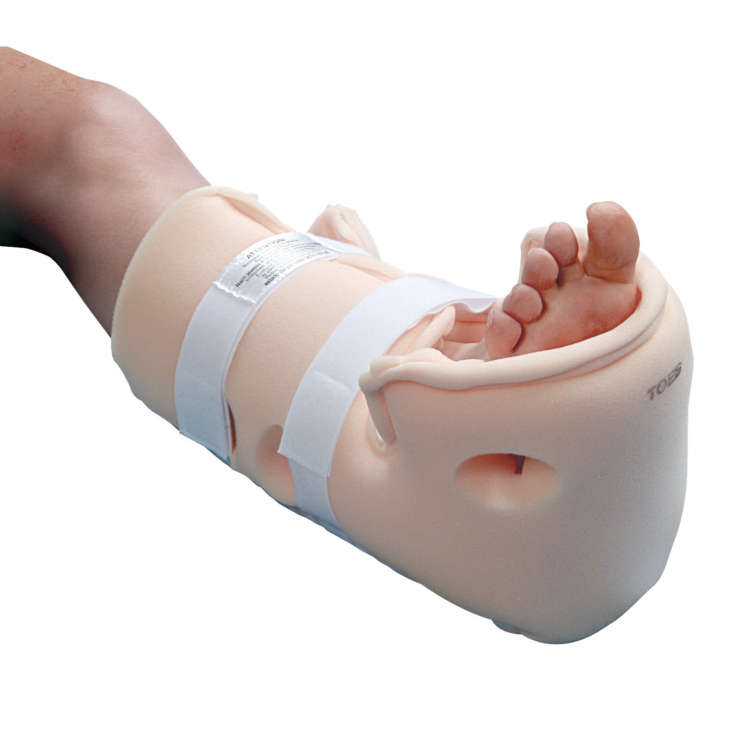 A foot in a HEELIFT Suspension Boot, a cushioned orthopedic boot with straps, designed for foot support and pressure relief.