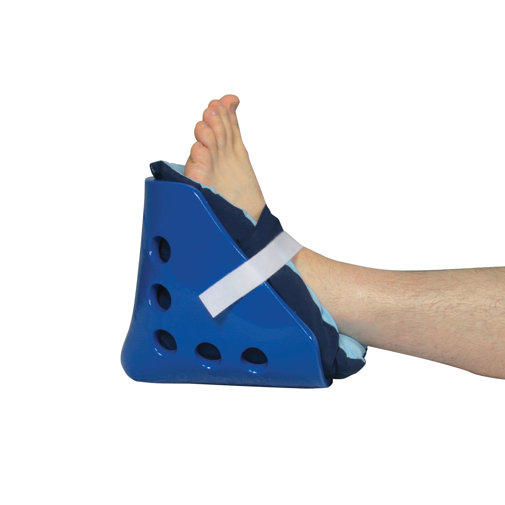 A foot is secured in a blue Coated Heel Boot for AliMed FootPillow, featuring ventilation holes and a white strap for support.