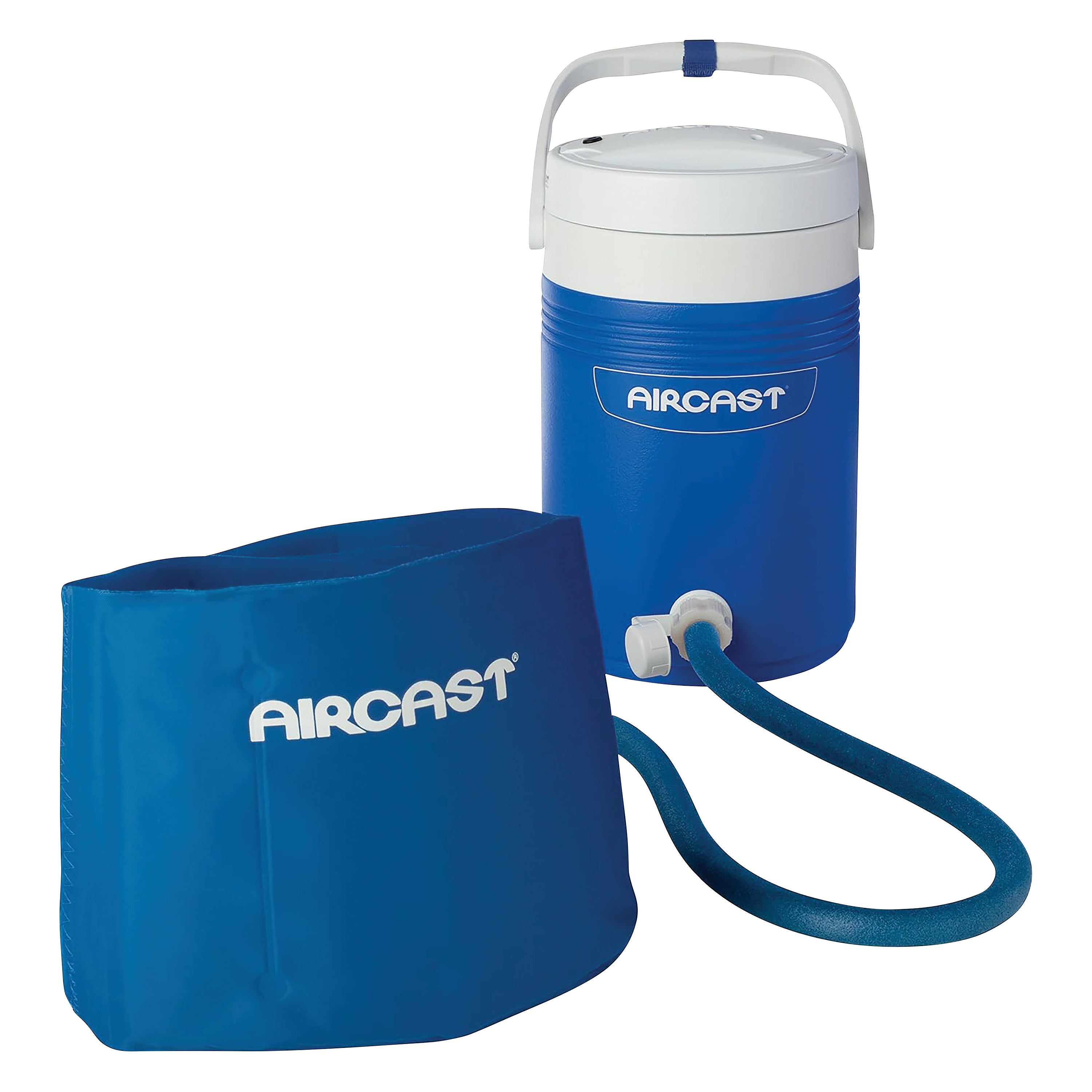 Blue Aircast Cryo/Cuff IC System with a cylindrical cooler, hose, and wrap for cold therapy use.