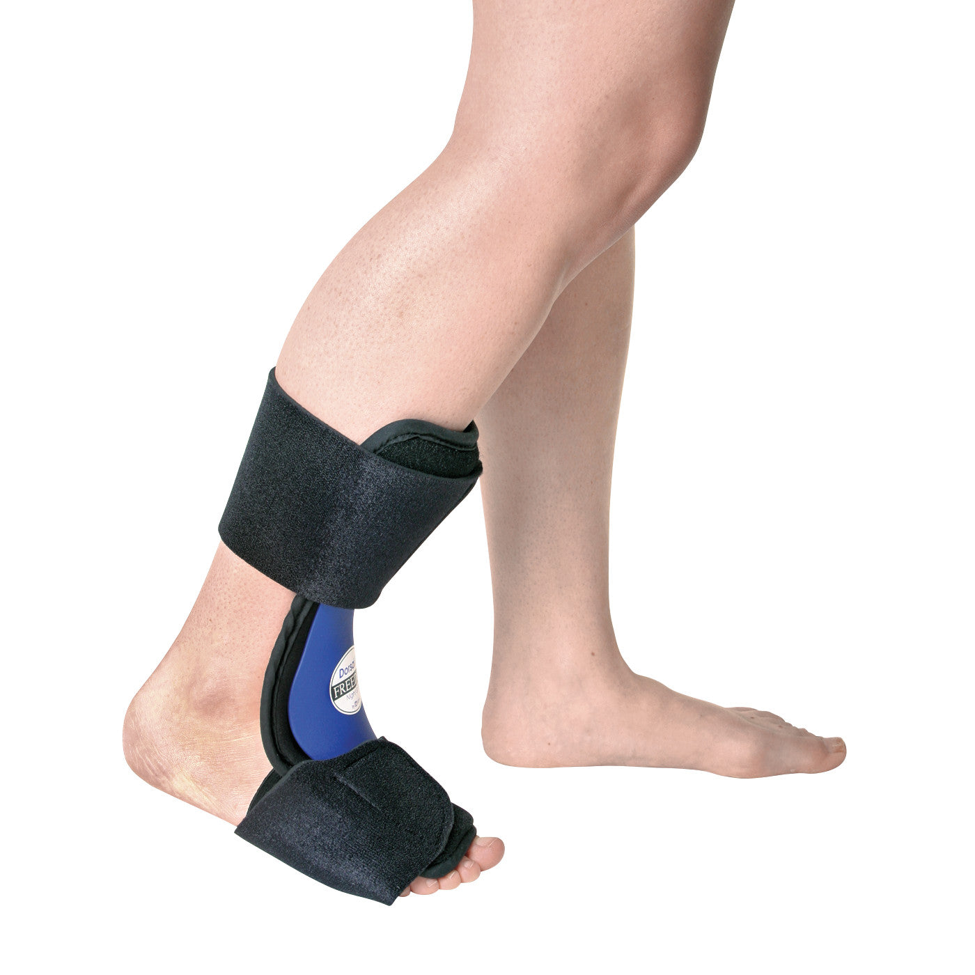 A person wears the AliMed FREEDOM Dorsal PF Night Splint, featuring a blue insert and black straps on the lower leg and foot.
