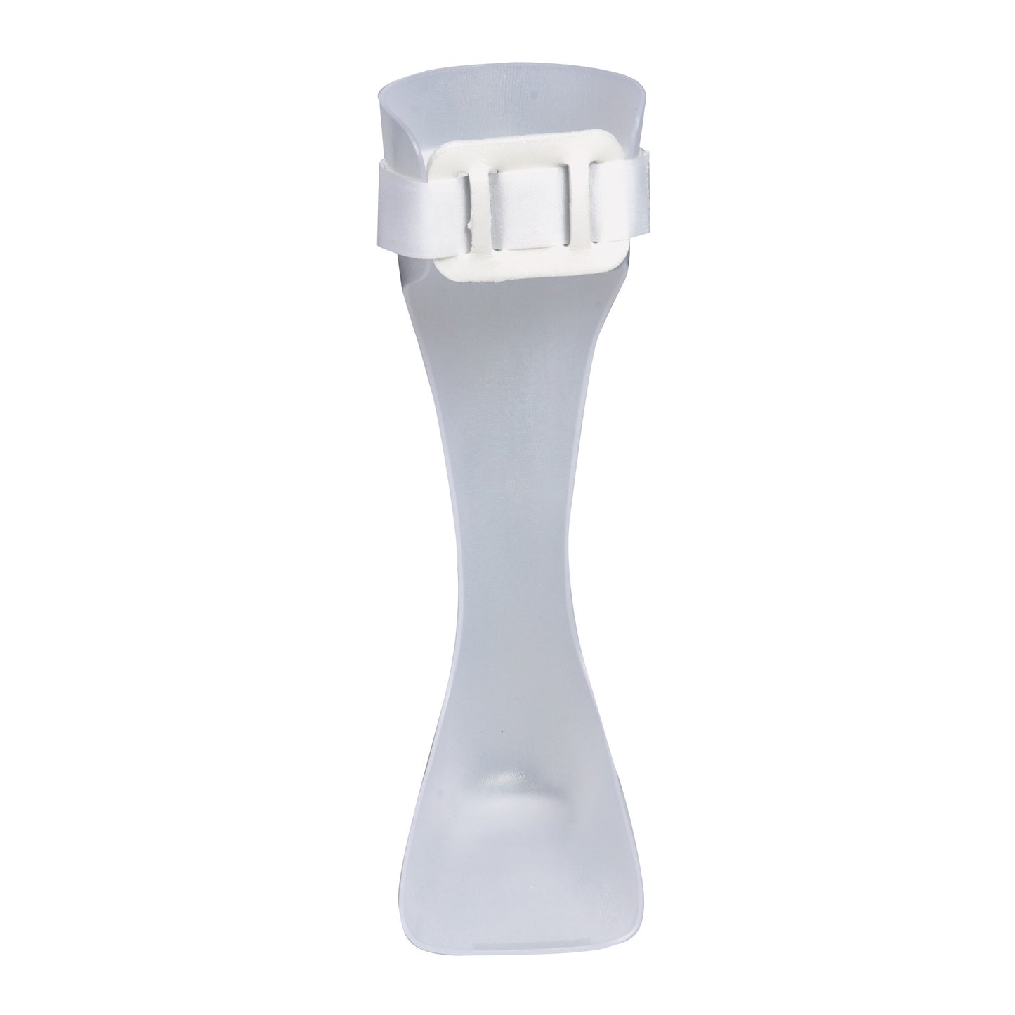 Clear plastic ankle-foot orthosis with a white strap. Product name: AliMed Pediatric AFO.