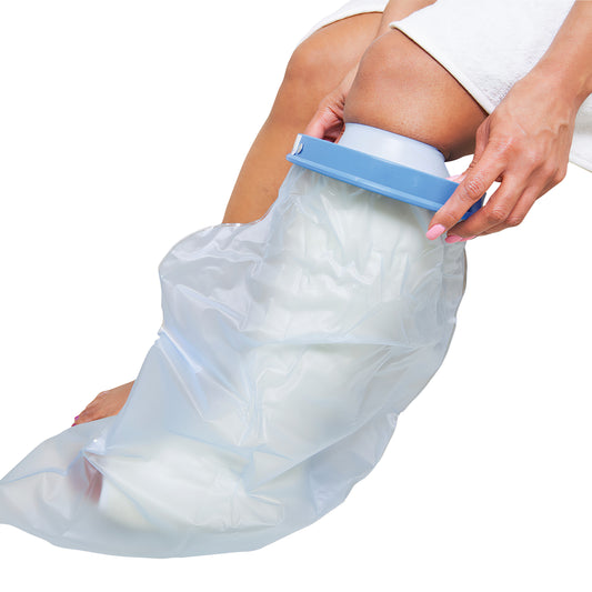 A person puts on a Brownmed SEAL-TIGHT Original Cast and Bandage Protector over their leg, featuring a blue ring and clear cover.