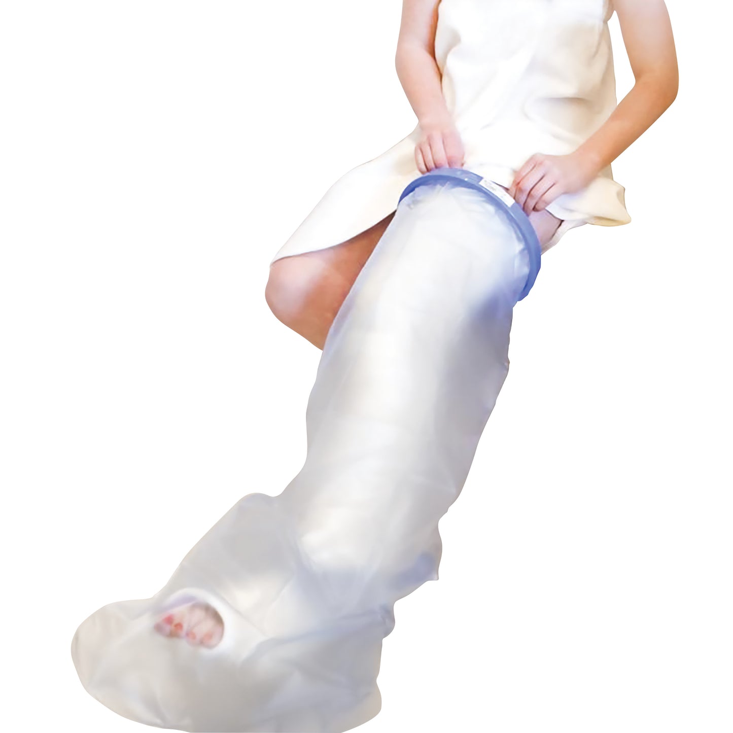 Person using the Brownmed SEAL-TIGHT Original Cast and Bandage Protector on their leg, showing coverage from knee to foot.