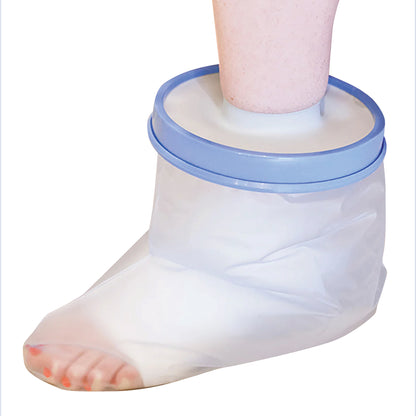 A foot is wearing a Brownmed SEAL-TIGHT Original Cast and Bandage Protector, featuring a plastic cover with a blue sealing ring.