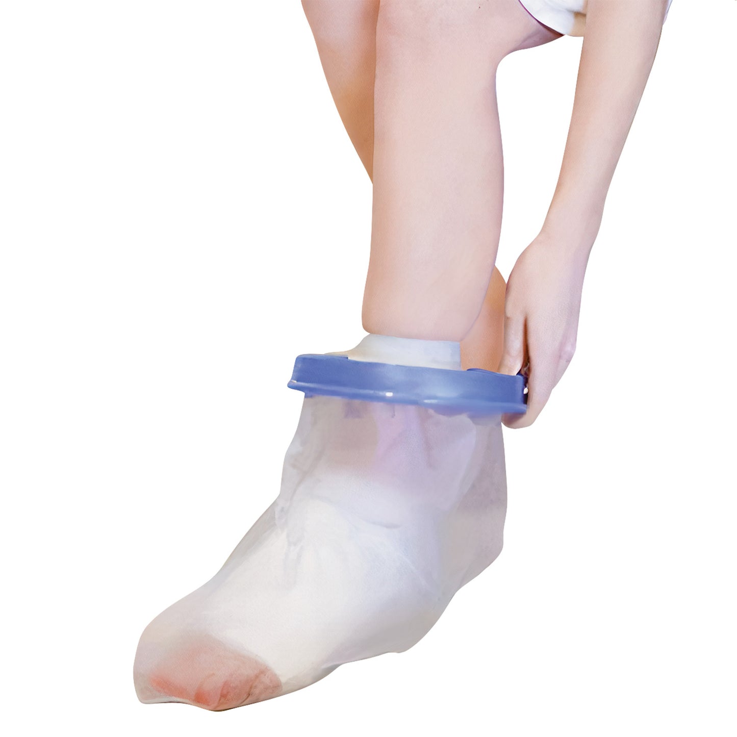 A person uses the Brownmed SEAL-TIGHT Original Cast and Bandage Protector, a waterproof cover, over a leg cast to keep it dry.
