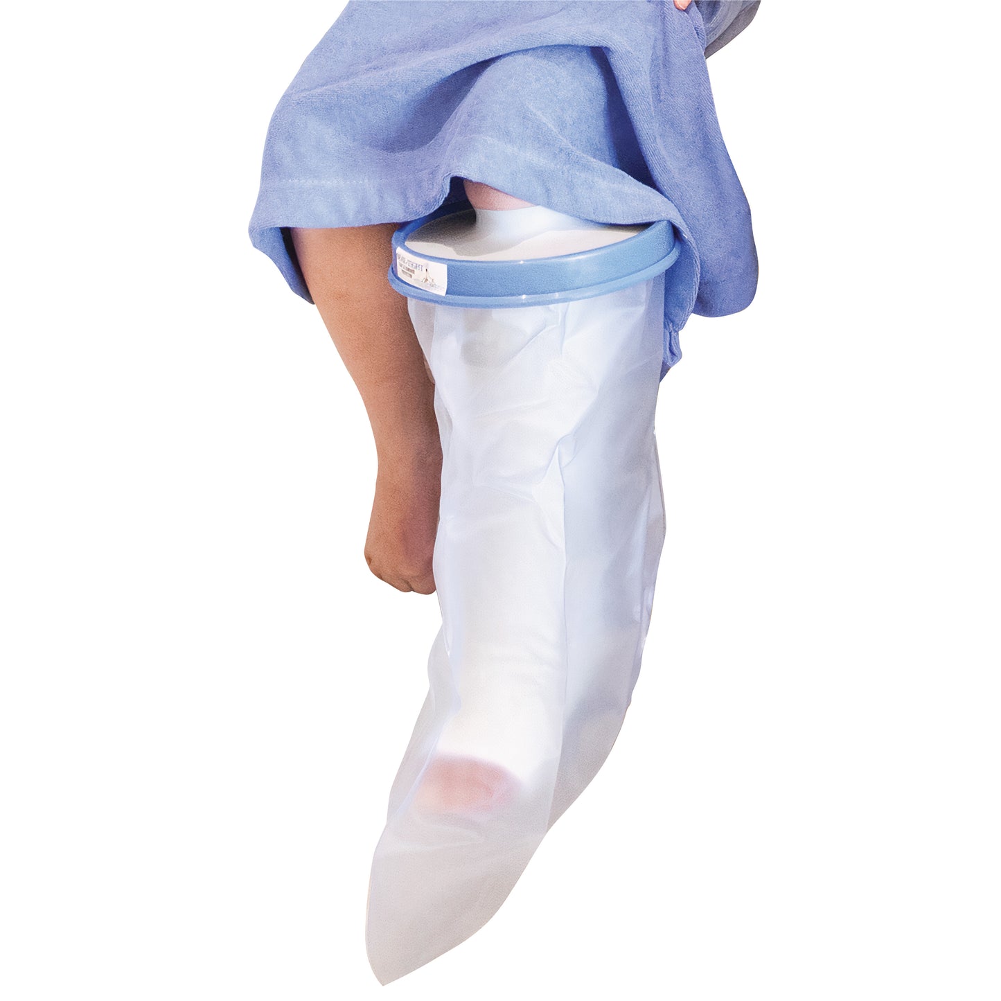 A leg with a Brownmed SEAL-TIGHT Original Cast and Bandage Protector covers a cast, secured with a blue ring at the knee.