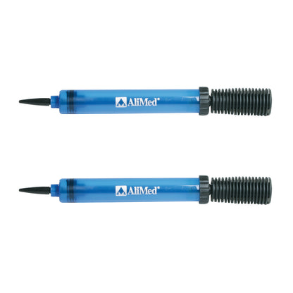 Two blue AliMed Air Pumps with black nozzles and ribbed black handles, displayed horizontally.