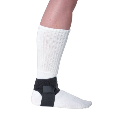 A leg wearing a white sock with a black Plantar Fasciitis Support strap around the ankle for added stability and support.