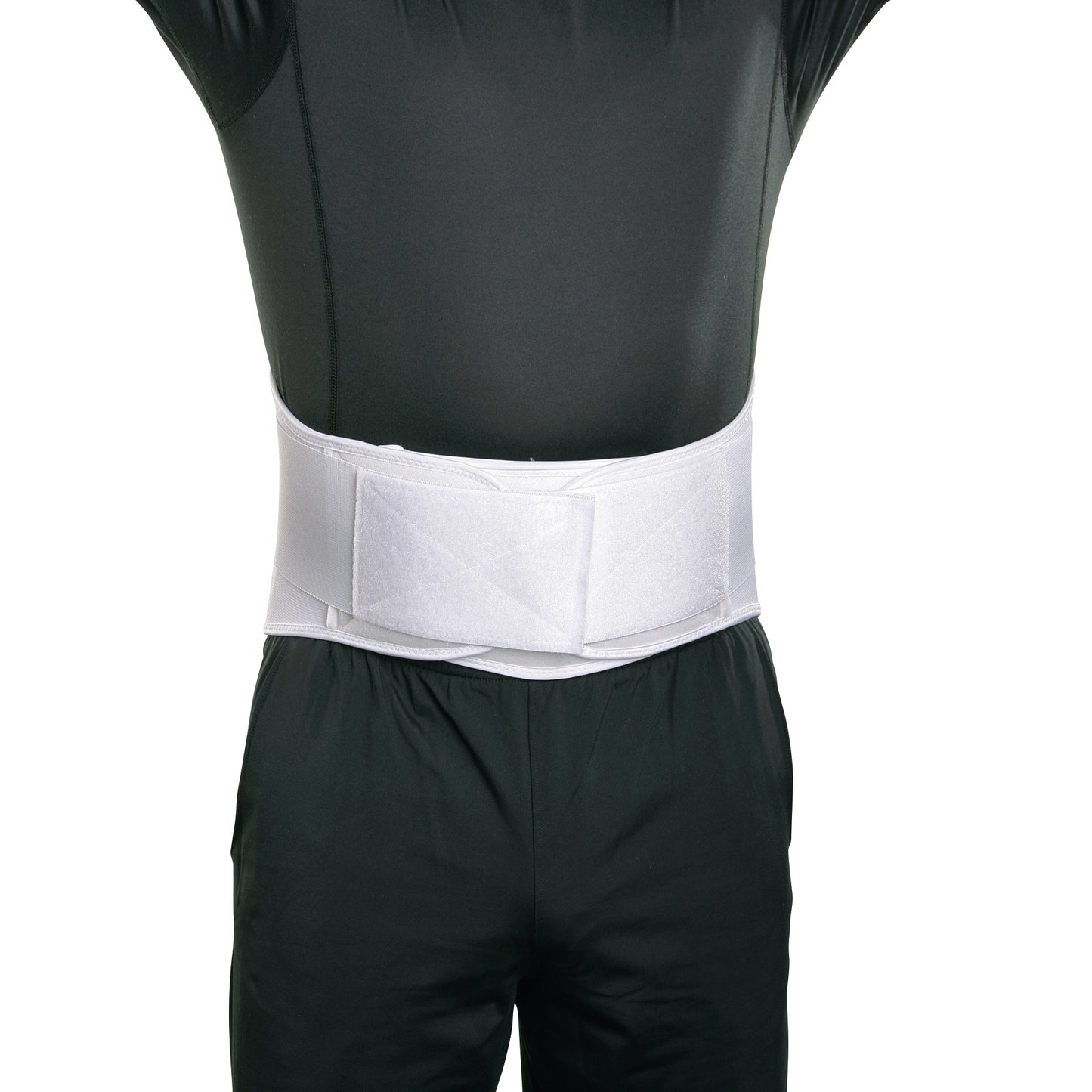 A person wears the AliMed Lumbar Orthosis with Anterior/Posterior Support over black clothing, showcasing its fit and design.
