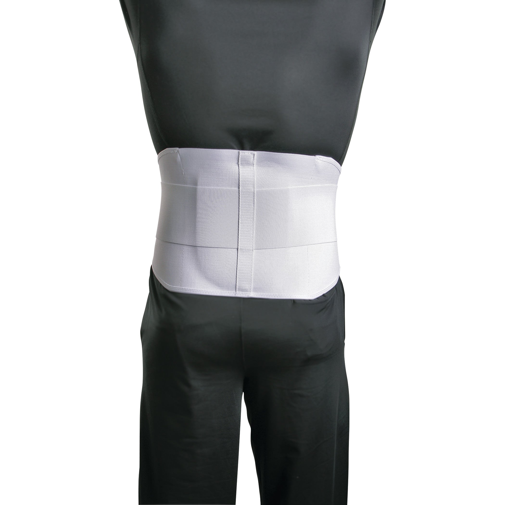 A person wearing the AliMed Lumbar Orthosis with Anterior/Posterior Support, shown from the back, over a dark outfit.