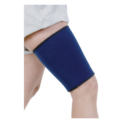 A person wears an AliMed Neoprene Thigh Support, a blue sleeve providing compression around their upper leg above the knee.
