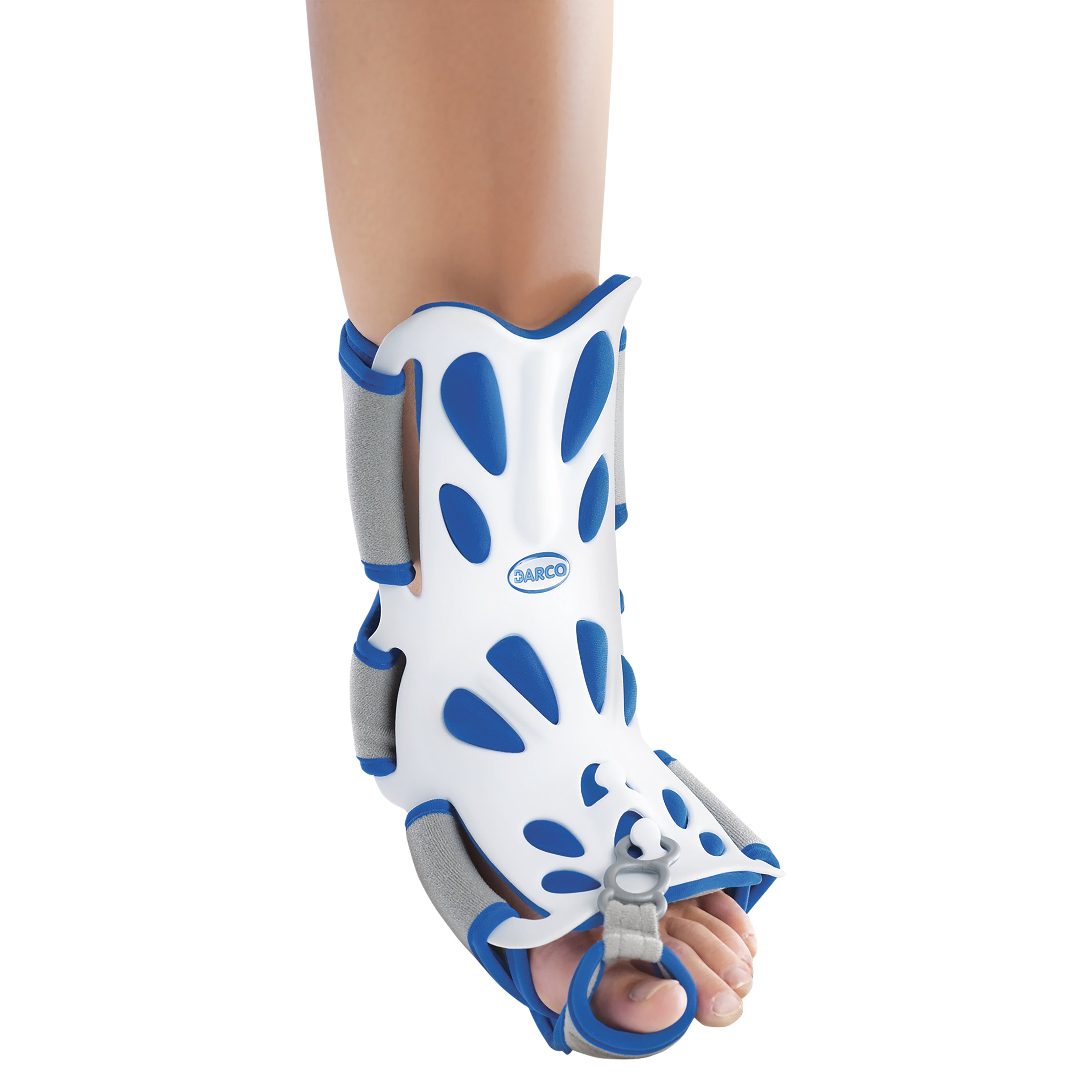 The DARCO Body Armor Night Splint is shown on a leg. It's white with blue accents and supports from calf to toes.