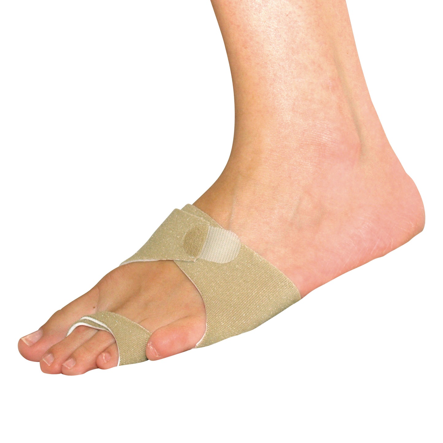 A foot wearing a beige Metatarsal Protection Jacket Wrap, covering the forefoot and securing the big toe, on a white background.