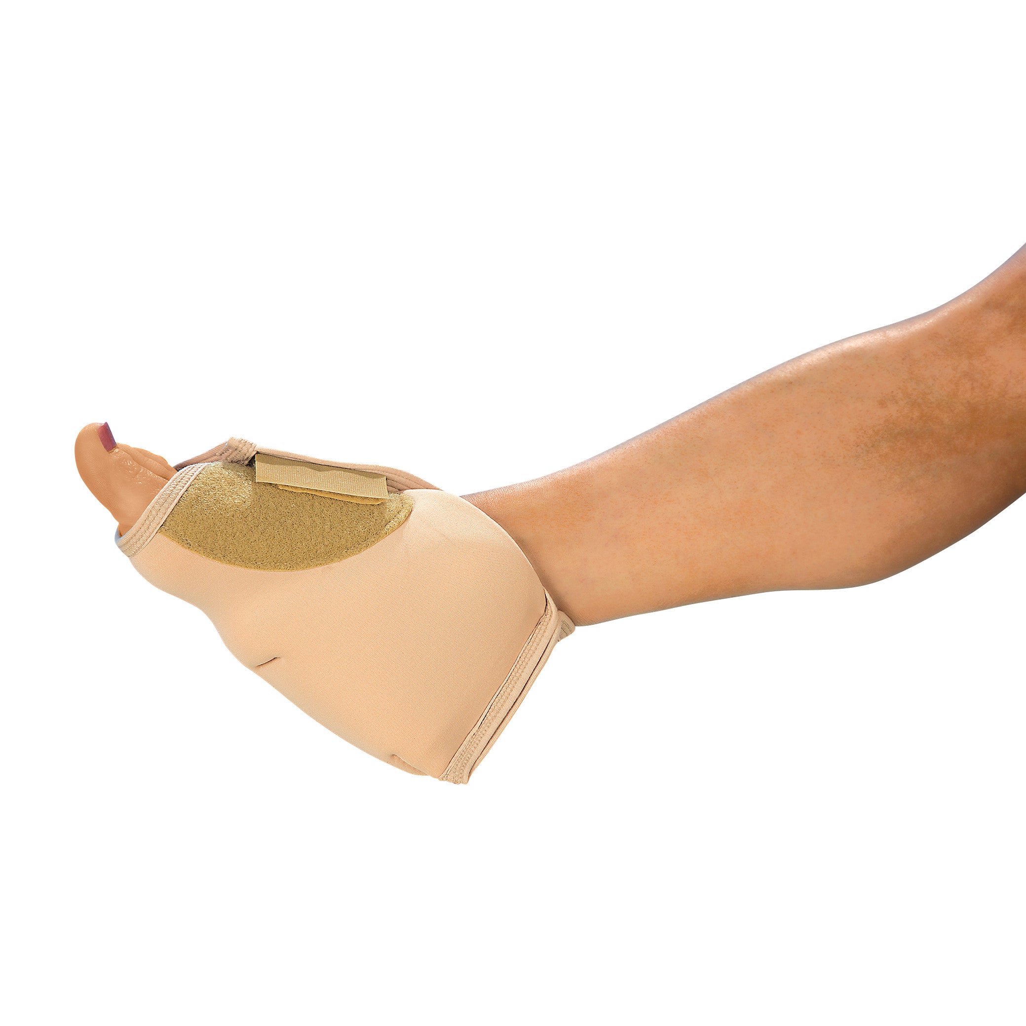 A person's foot is shown wearing a DermaSaver Stay-Put Heel Protector. It is beige with a cushioned pad covering the heel area.
