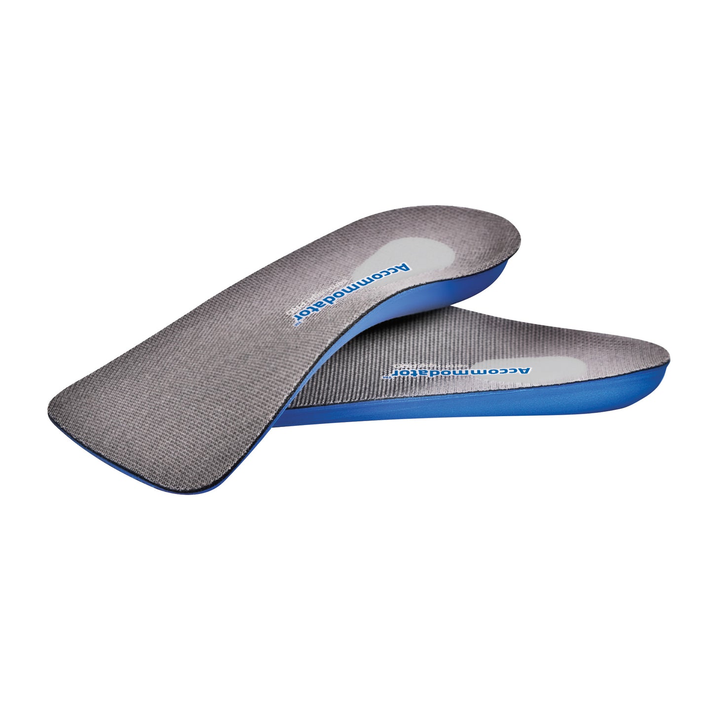 A pair of AliMed FREEDOM Accommodator 3/4-Length Semi-Rigid PRO Insoles with grey tops and blue semi-rigid bases.