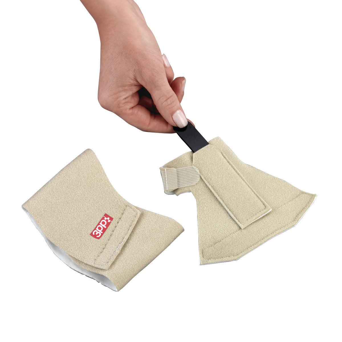 A hand holds a beige 3pp Bunion-Aider, which is a soft orthopedic support designed to alleviate bunion discomfort.