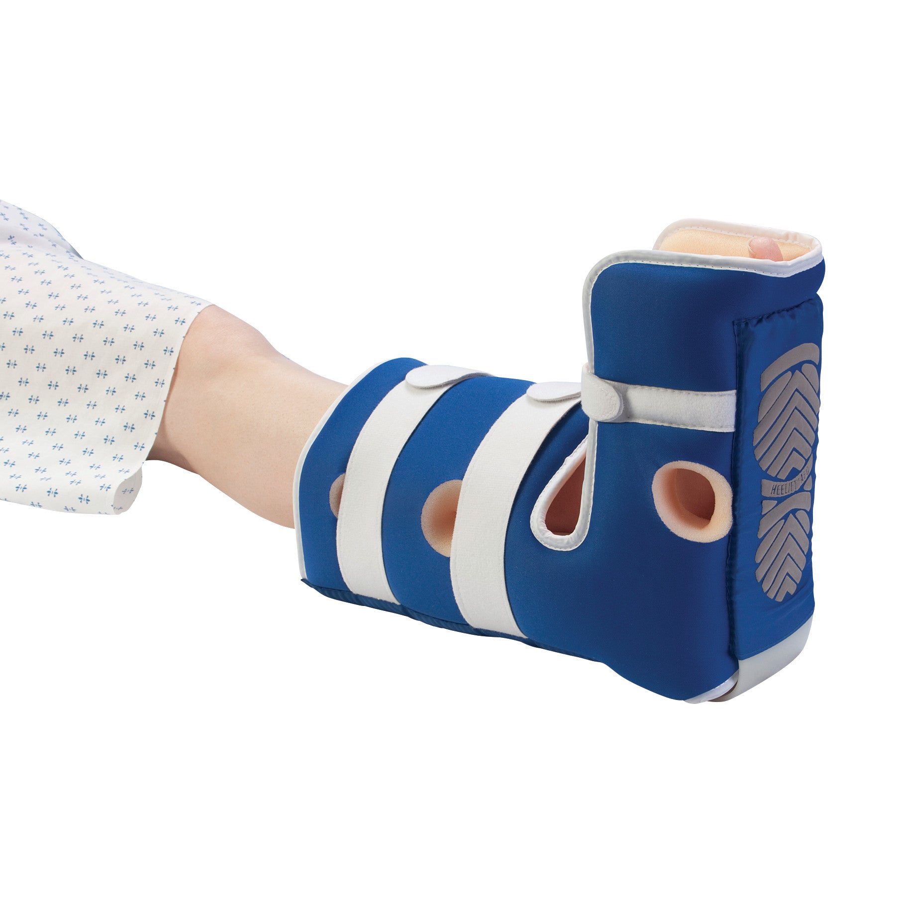 A person's leg is in a HEELIFT AFO boot. It is blue with white straps and designed for ankle and foot support.