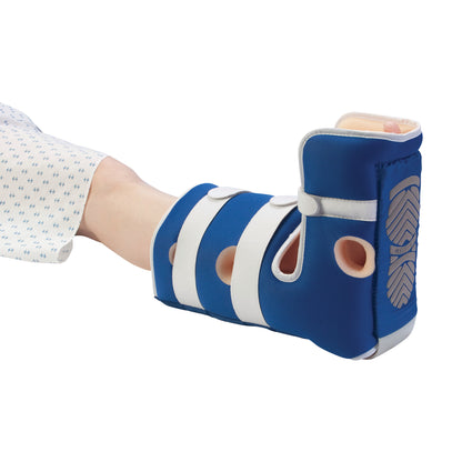 A person's leg is in a HEELIFT AFO boot. It is blue with white straps and designed for ankle and foot support.