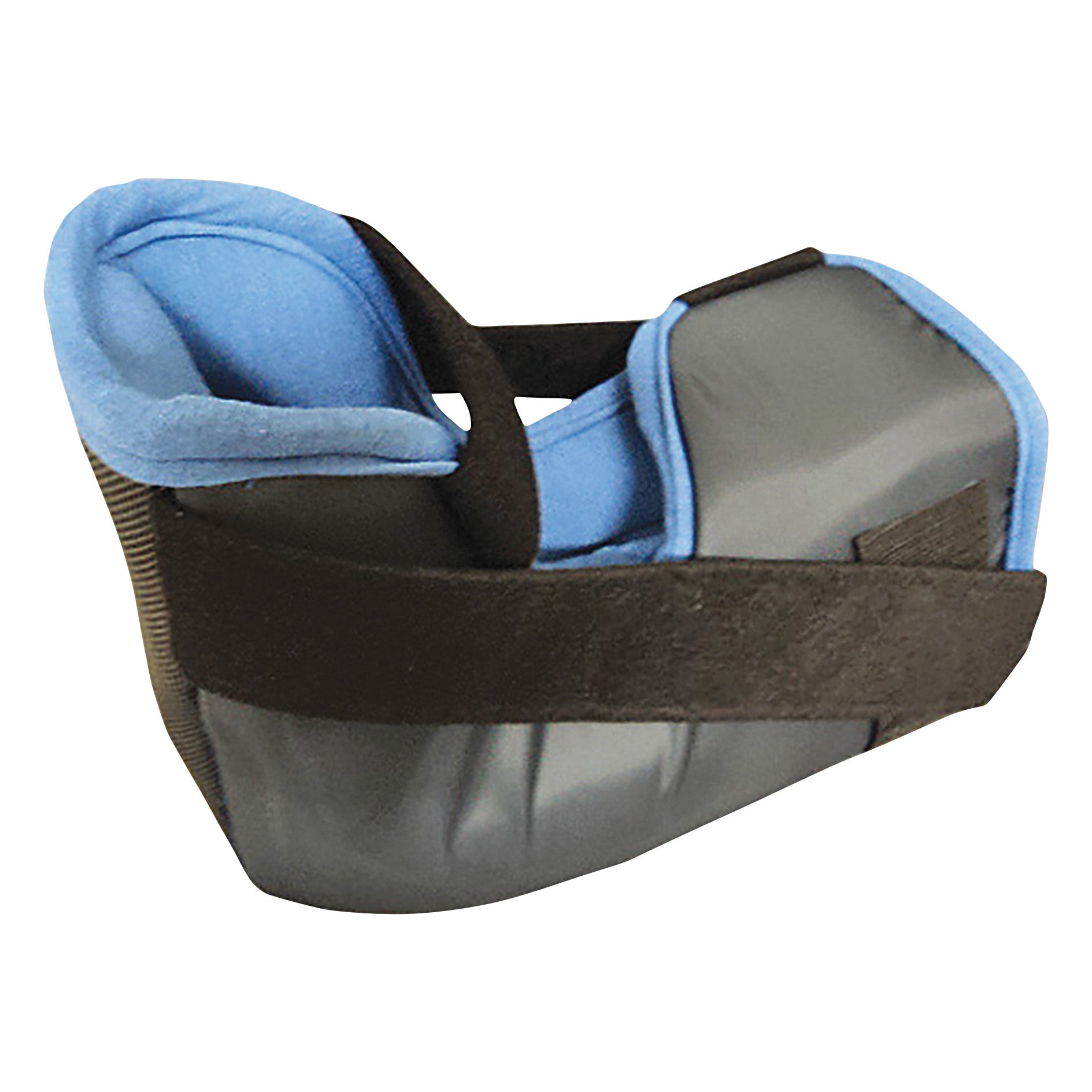 A Ventopedic Heel Elevation Boot with Drop Foot Strap, featuring a blue and black padded design, shown from the side.