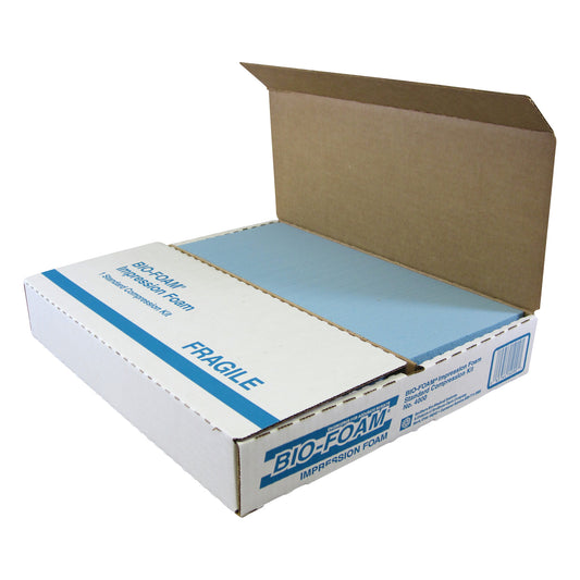 Open cardboard box displaying the BIO-FOAM Impression Foam Standard Kit, labeled "FRAGILE" with blue foam inside.