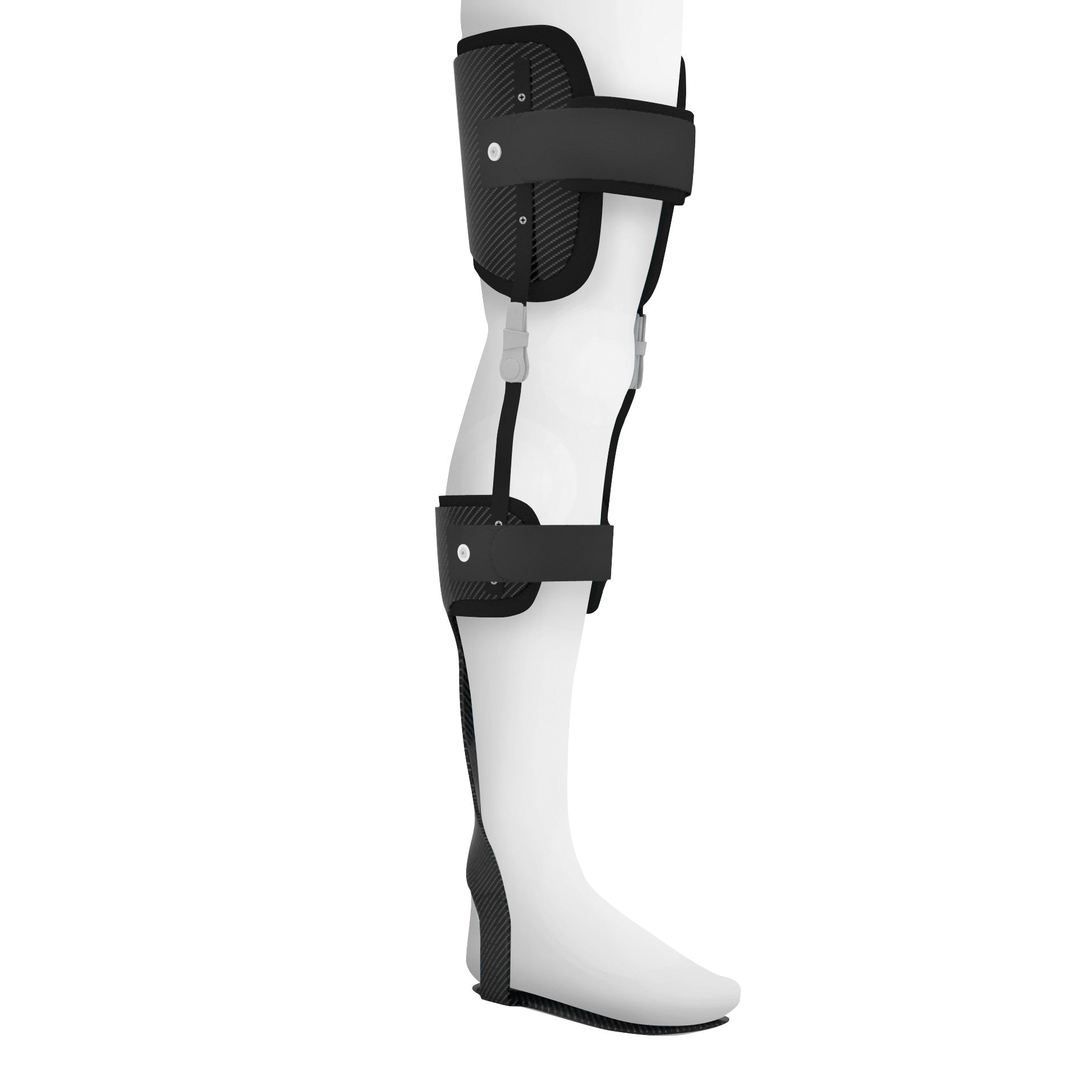 Drop-Lock Knee Joint for Prefabricated Carbon Fiber KAFO on a leg model, featuring black adjustable straps and a sleek design.