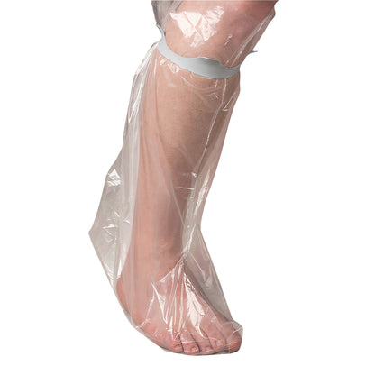 A leg wearing a Brownmed SEAL-TIGHT Seal Band, a transparent waterproof cover, secured just below the knee.