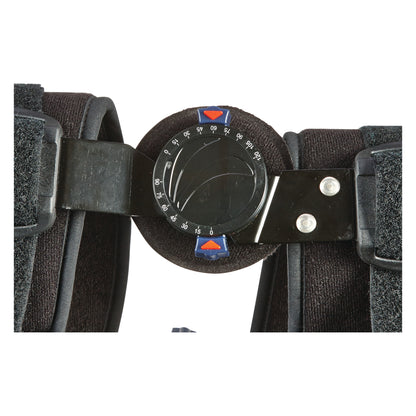 Close-up of the AliMed FREEDOM comfort Post-Op Knee Brace with ROM Fast Set Hinge, showing the adjustable dial and straps.