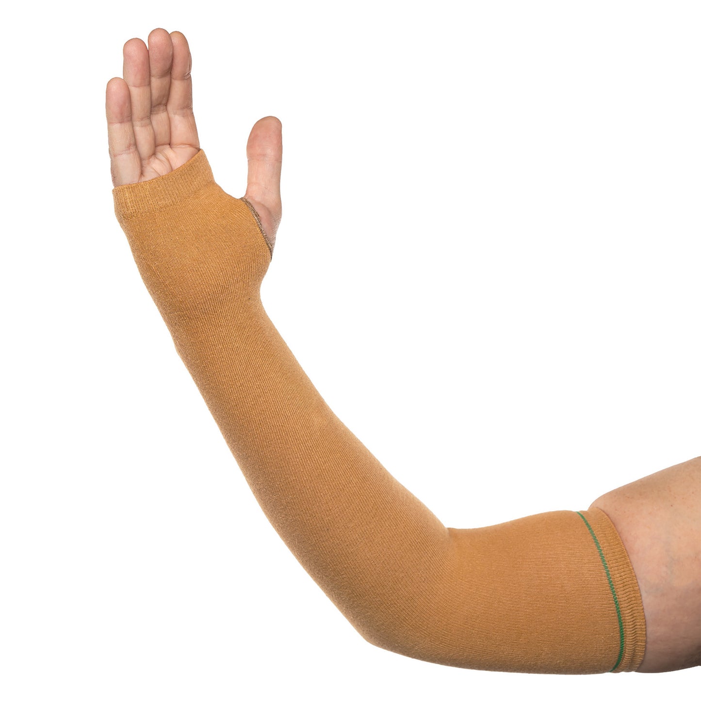 A person's arm wearing an AliMed Arm Sleeve, which is tan and covers the arm up to the wrist, leaving fingers exposed.