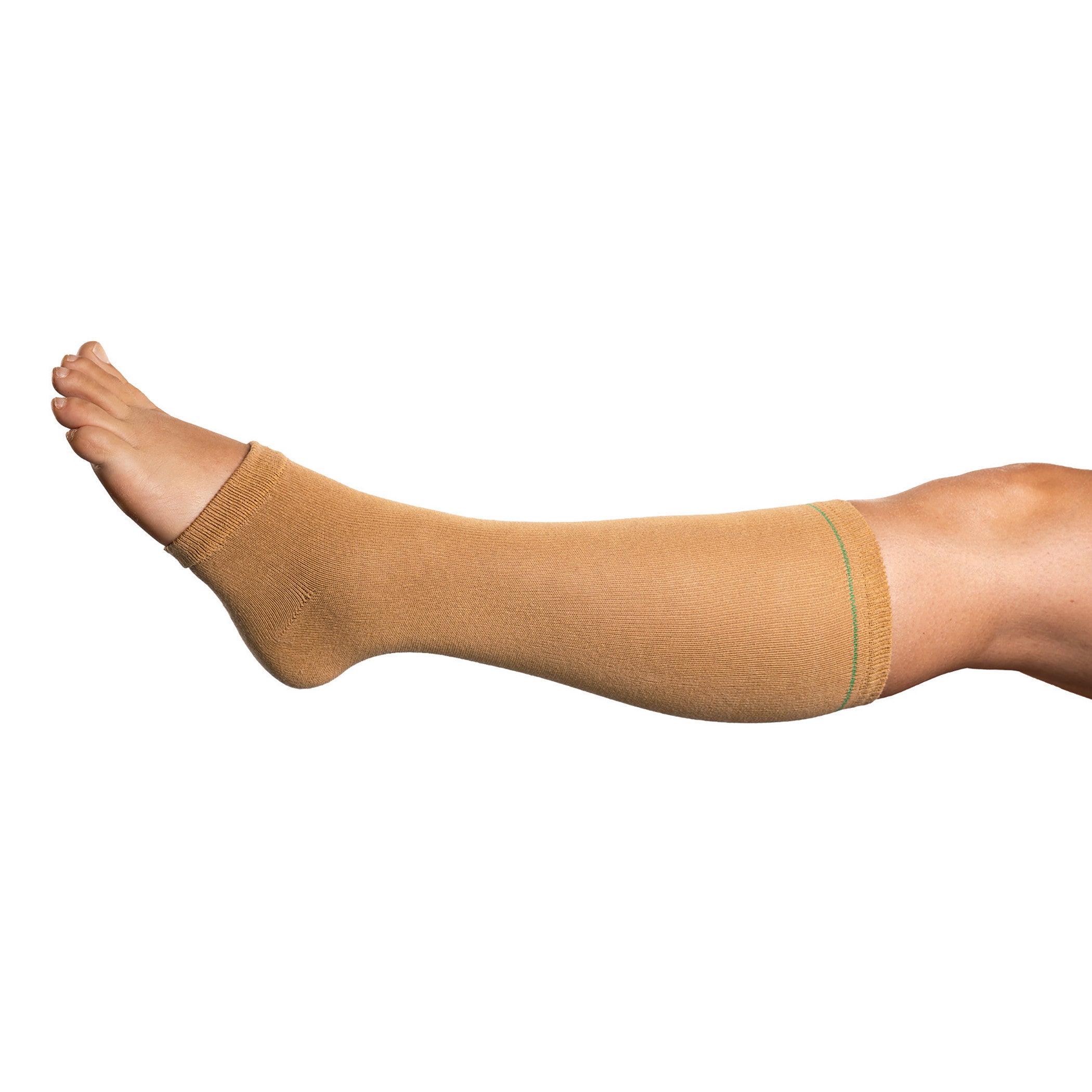 A leg wearing an AliMed Arm or Leg Sleeve in beige color, covering from toes to below the knee, against a white background.