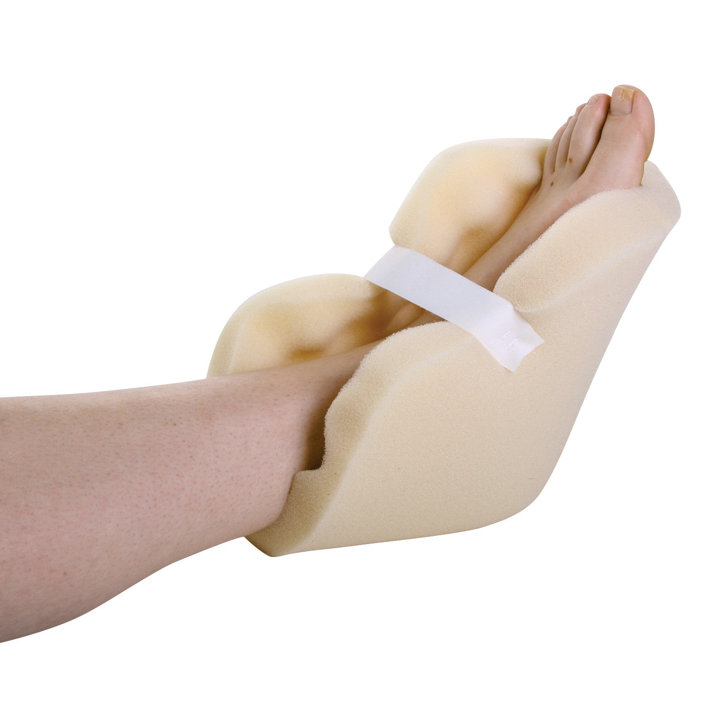 A person's foot is secured in an AliMed Foam Protector, designed for comfort, with a beige cushioned pad and white strap.