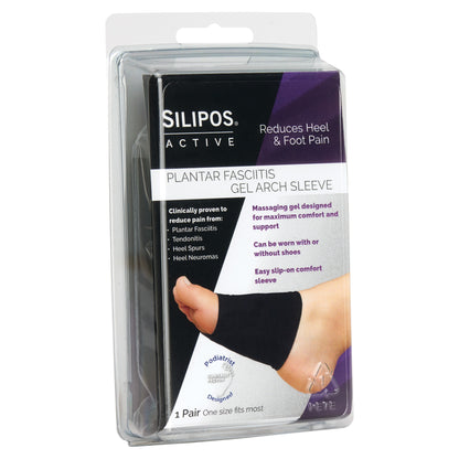Silipos Active Plantar Fasciitis Gel Arch Sleeves package with text detailing pain relief benefits and an image of a foot wearing the sleeve.