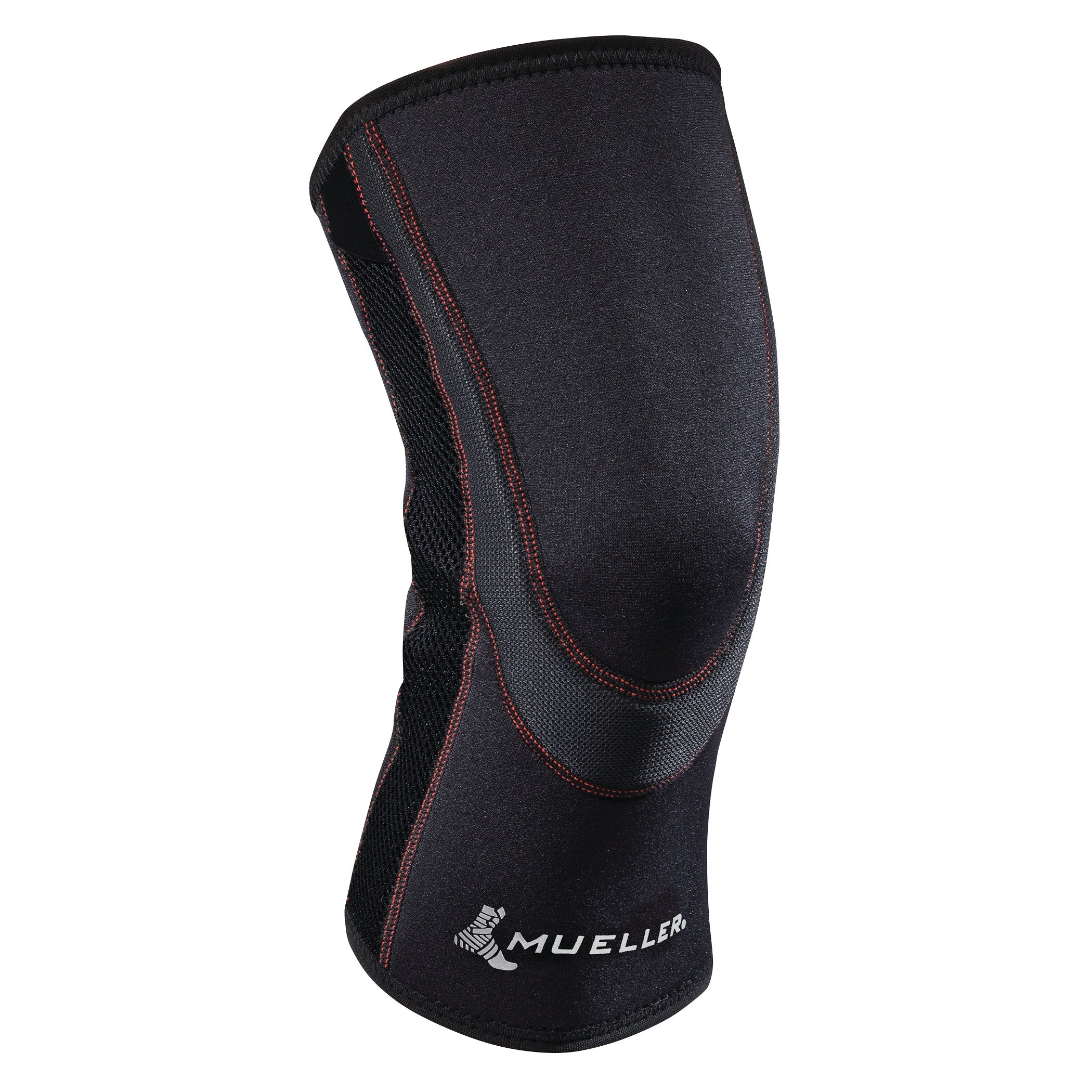 A black Mueller Breathable Closed Patella Knee Sleeve with red stitching and mesh panels, showing the logo in white.