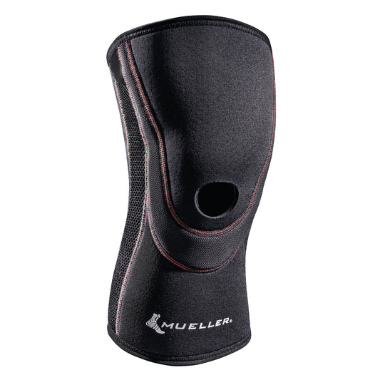 Mueller Breathable Open Patella Knee Sleeve in black with a hole for the kneecap, featuring red stitching and logo.
