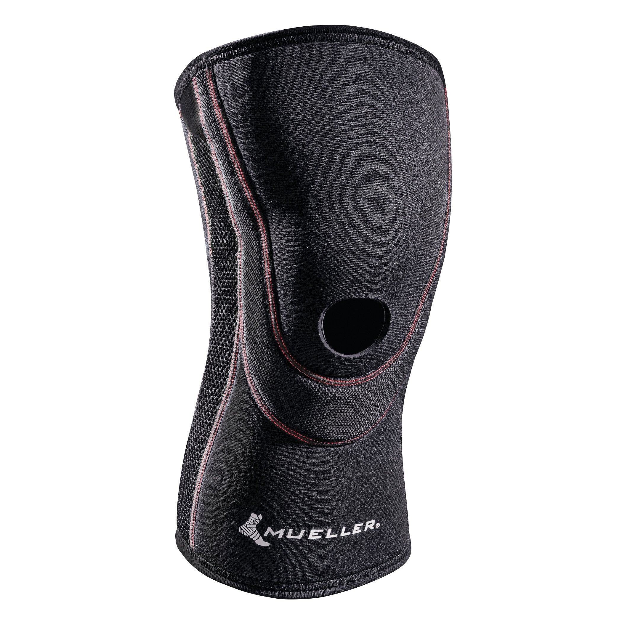 A black Mueller Breathable Open Patella Knee Sleeve with red stitching and a circular opening for the kneecap is shown.