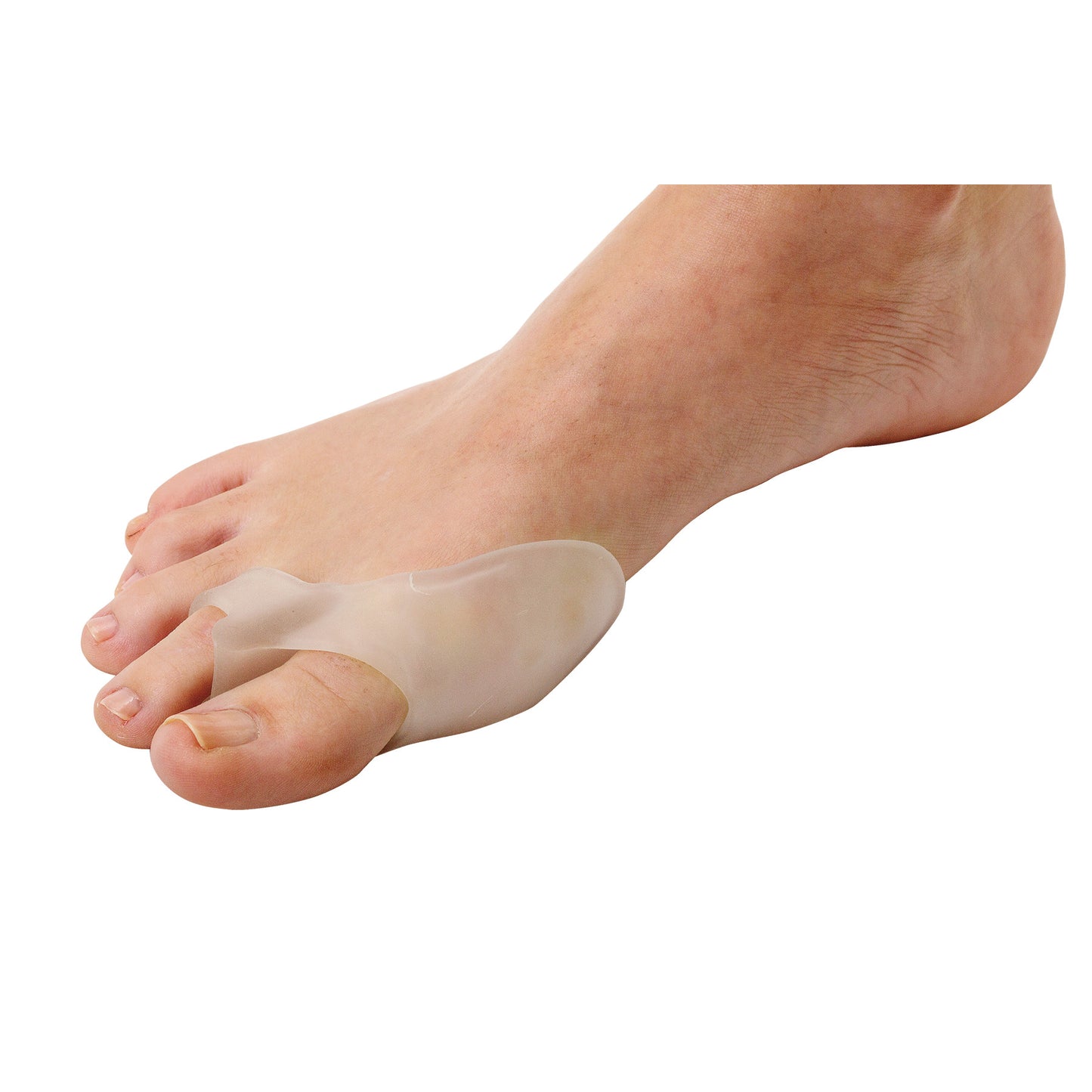A foot wearing a PediFix Visco-GEL ToeBuddy Bunion Guard, shown from the side, cushioning the big toe and bunion area.