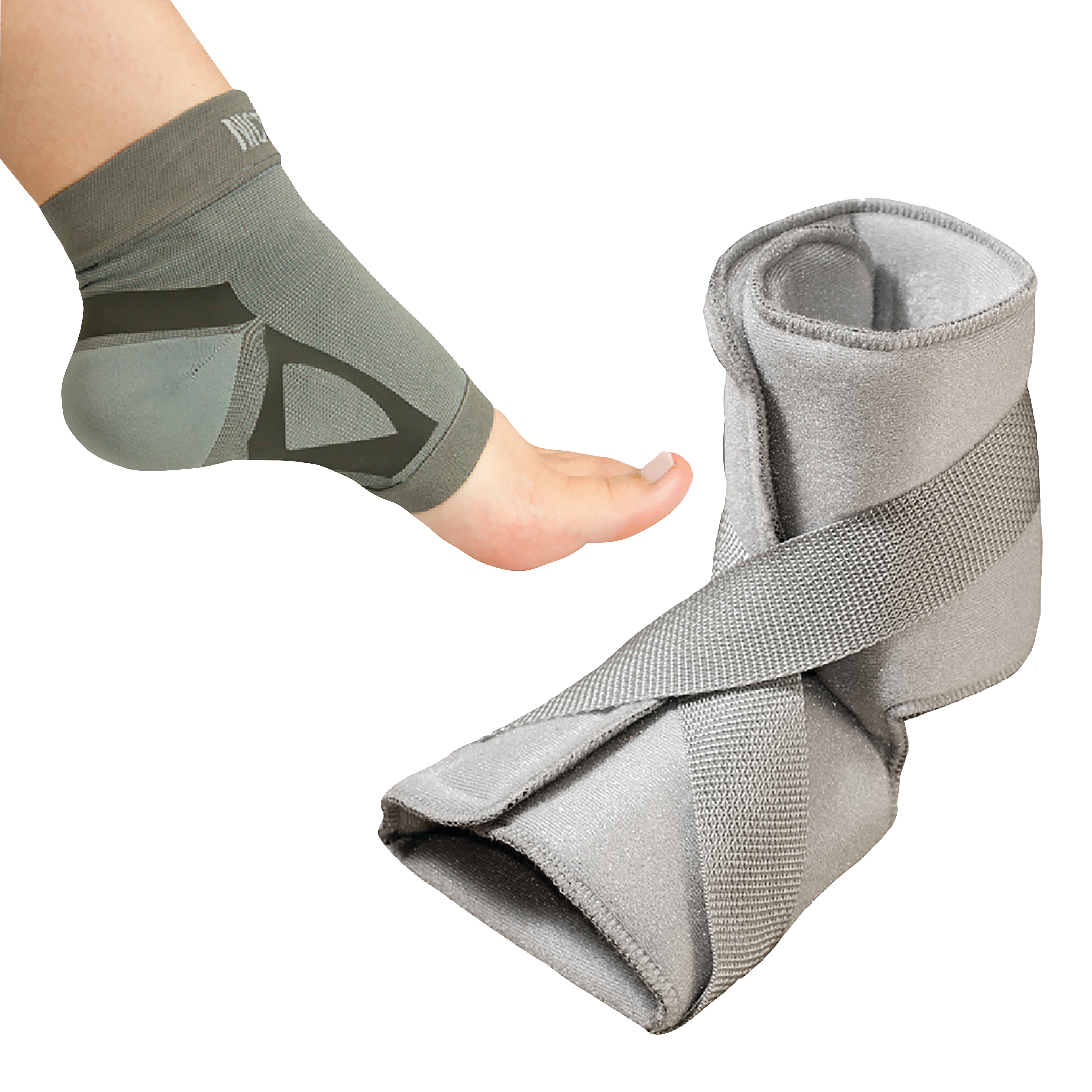 The Nice Stretch Total Solution PF Kit includes a foot sleeve on a foot and a gray adjustable ankle wrap with crisscrossed straps.