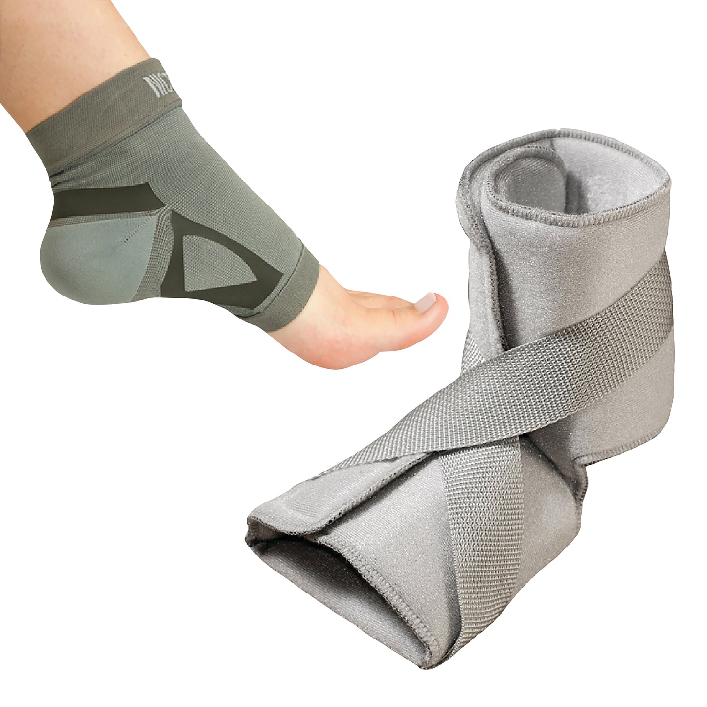 The Nice Stretch Total Solution PF Kit includes a foot sleeve on a foot and a gray adjustable ankle wrap with crisscrossed straps.