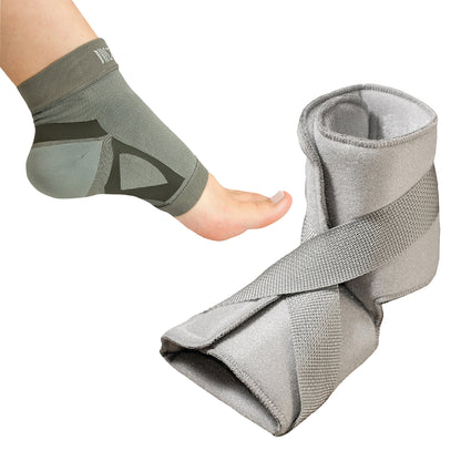 The Nice Stretch Total Solution PF Kit includes a foot sleeve on a foot and a gray adjustable ankle wrap with crisscrossed straps.