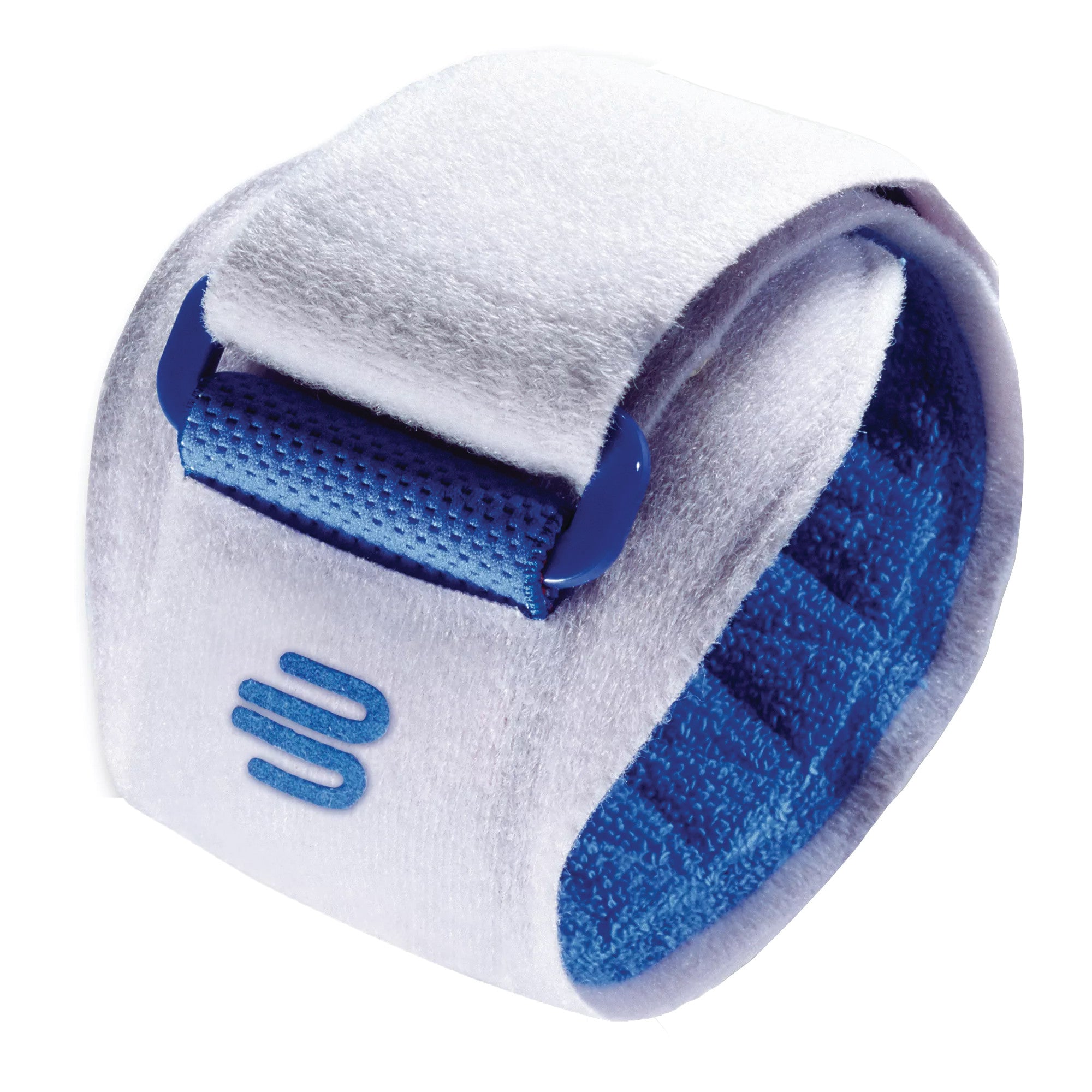 The Bauerfeind EpiPoint Elbow Strap is white with a blue interior and fastener, featuring a stitched logo on the side.