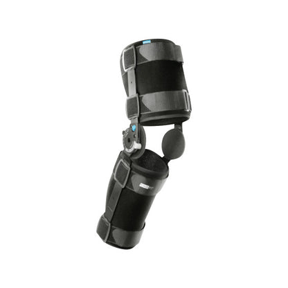 The �ssur Formfit Post-Op Knee Brace with Full Liner is a black adjustable hinge brace, designed for post-operative knee support.