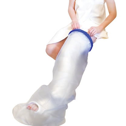 A person uses a Brownmed SEAL-TIGHT Infinity Cast Protector on their leg. The waterproof cover extends over the knee and foot.