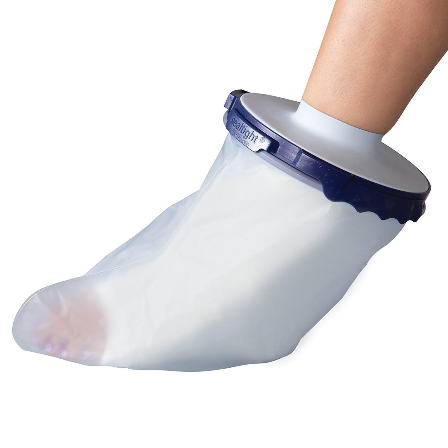 A foot is covered with the Brownmed SEAL-TIGHT Infinity Cast Protector, featuring a clear sheath and a blue, watertight seal.