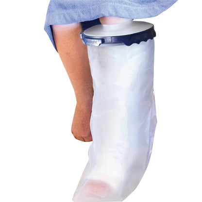 A person uses the Brownmed SEAL-TIGHT Infinity Cast Protector on their leg, showing a watertight seal for bathing.