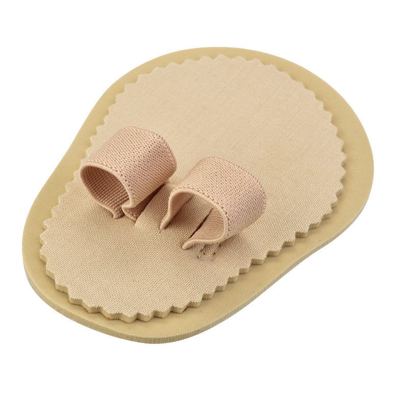 Silipos Toe Splint, featuring a beige cushioned pad with two fabric loops for toe alignment, shown on a light background.
