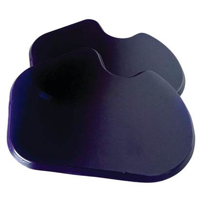 Two dark purple Gel Dancer Met Pads, designed for foot cushioning and support, are shown overlapping each other.