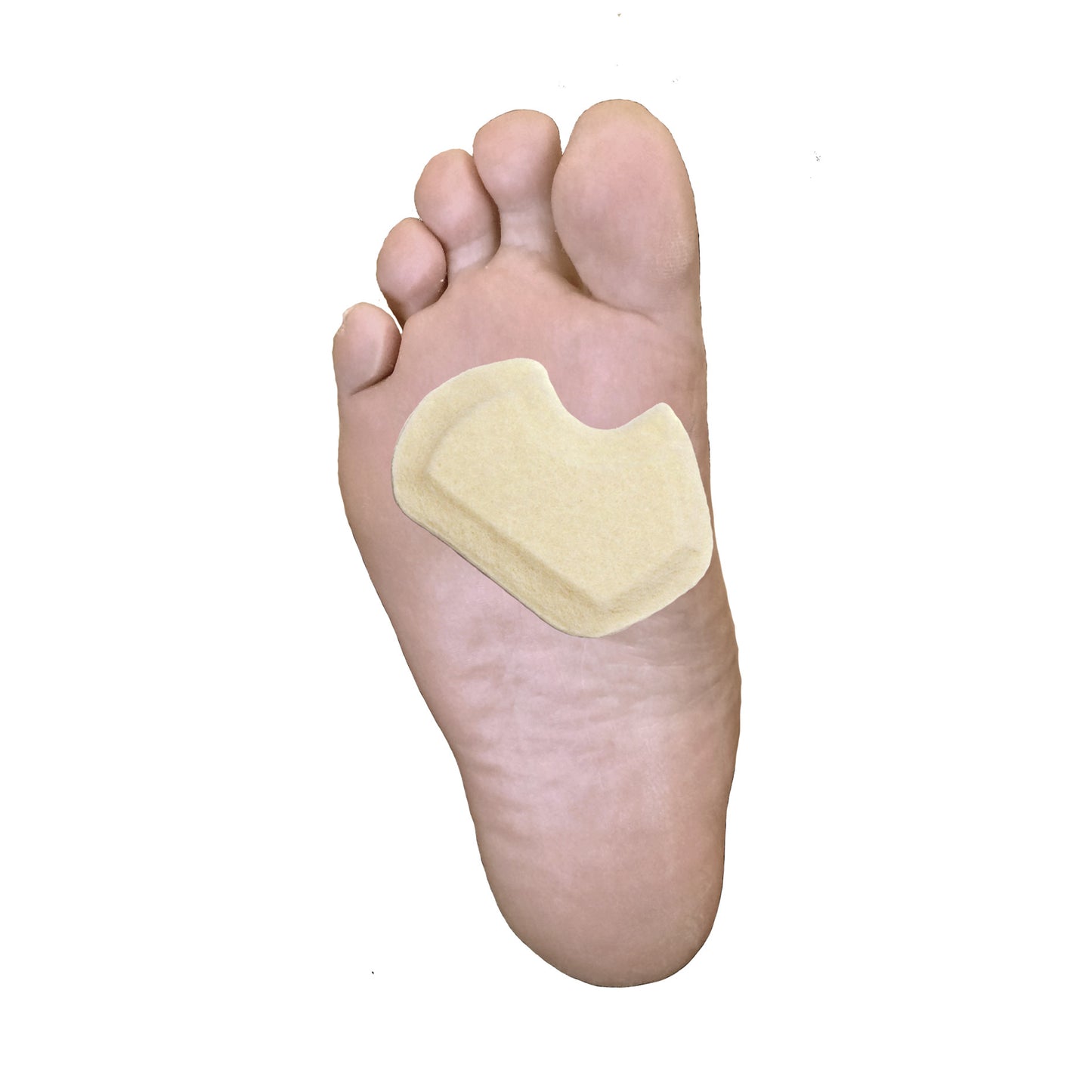A foot with a beige Felt Dancer Met Pad applied to the ball area, providing cushioning and support.